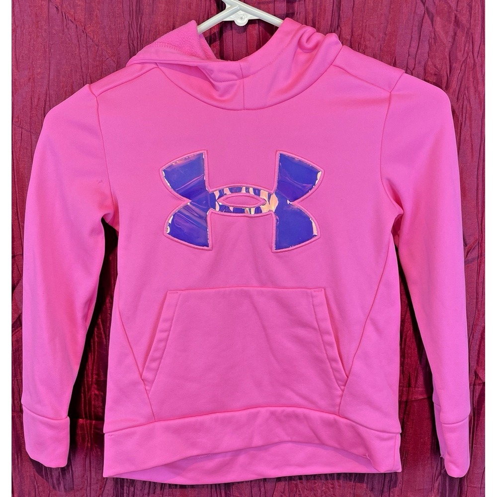 Girls Under Armour Pink Pullover Hoodie Loose Fleece Logo Pockets sz YSM